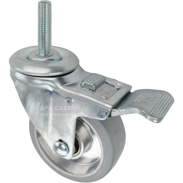 Swivel caster with a face contact brake, a 3.5 inch grey rubber on aluminum wheel and 12mm wide threaded metal stem