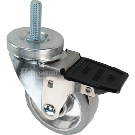 Swivel caster with a face contact brake, a 3.5 inch grey rubber on aluminum wheel and a 1-1/2 inch long, 1/2 inch wide threaded metal stem