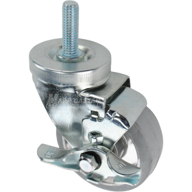 Swivel caster with a top lock brake, a 3.5 inch grey rubber on aluminum wheel and a 1-1/2 inch long, 1/2 inch wide threaded metal stem