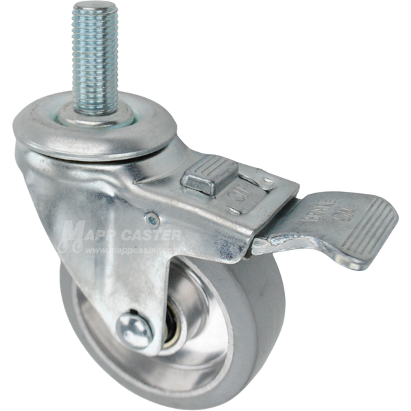 Swivel caster with a face contact brake, a 3.5 inch grey rubber on aluminum wheel and 20mm wide threaded metal stem