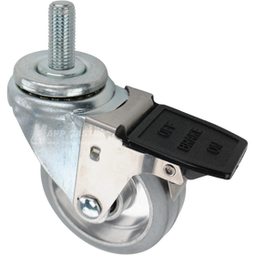 Swivel caster with a face contact brake, a 3.5 inch grey rubber on aluminum wheel and 16mm wide threaded metal stem