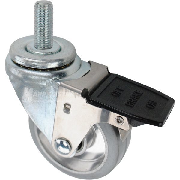 Swivel caster with a face contact brake, a 3.5 inch grey rubber on aluminum wheel and 16mm wide threaded metal stem