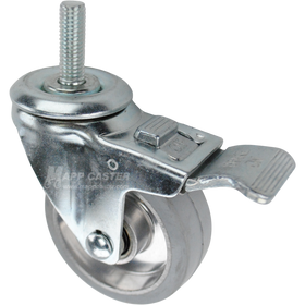 Swivel caster with a face contact brake, a 3.5 inch grey rubber on aluminum wheel and a 1-1/2 inch long, 1/2 inch wide threaded metal stem