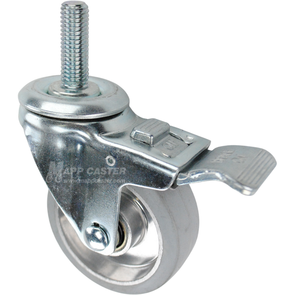 Swivel caster with a face contact brake, a 3.5 inch grey rubber on aluminum wheel and 5/8 inch wide threaded metal stem
