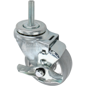 Swivel caster with a top lock brake, a 3.5 inch grey rubber on aluminum wheel and 12mm wide threaded metal stem