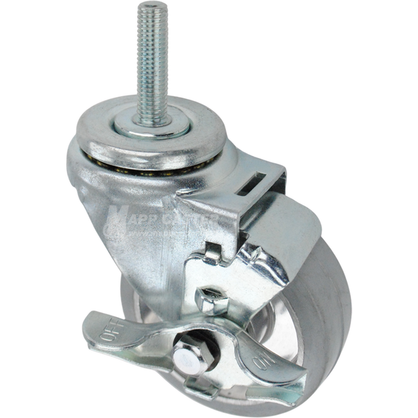 Swivel caster with a top lock brake, a 3.5 inch grey rubber on aluminum wheel and 12mm wide threaded metal stem