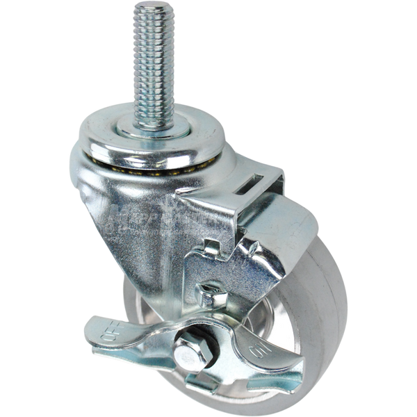 Swivel caster with a top lock brake, a 3.5 inch grey rubber on aluminum wheel and 5/8 inch wide threaded metal stem