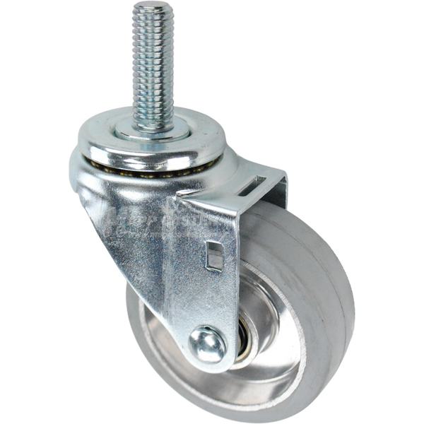 Swivel caster with a 3.5 inch grey rubber on aluminum wheel and 5/8 inch wide threaded metal stem
