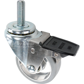 Swivel caster with a face contact brake, a 3.5 inch grey rubber on aluminum wheel and 5/8 inch wide threaded metal stem