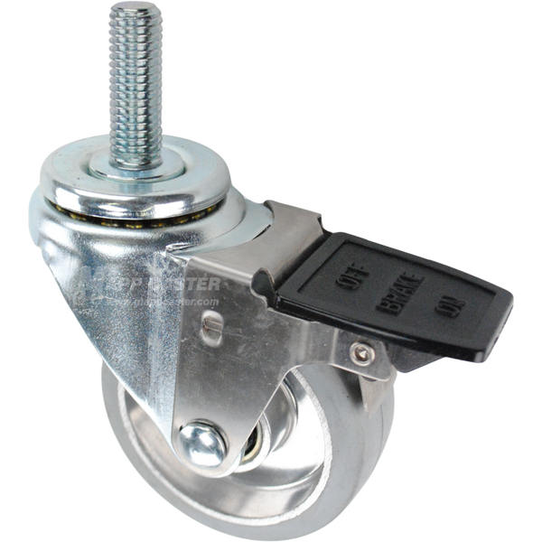 Swivel caster with a face contact brake, a 3.5 inch grey rubber on aluminum wheel and 5/8 inch wide threaded metal stem