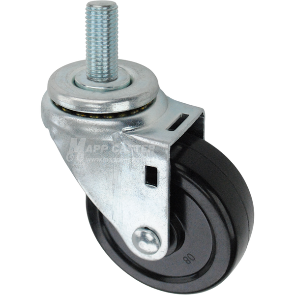 Swivel caster with a 3.5 inch black soft rubber wheel and 20mm wide threaded metal stem