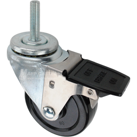 Swivel caster with face contact brake, a 3.5 inch black soft rubber wheel and 12mm wide threaded metal stem