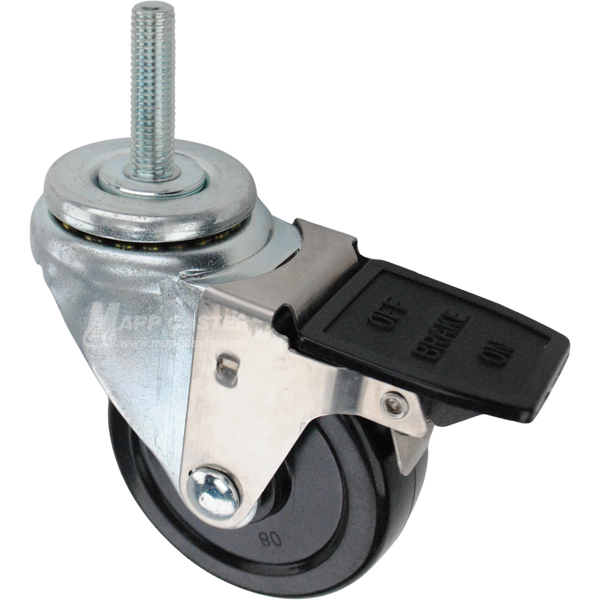 Swivel caster with face contact brake, a 3.5 inch black soft rubber wheel and 12mm wide threaded metal stem