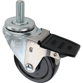 Swivel caster with face contact brake, a 3.5 inch black soft rubber wheel and 16mm wide threaded metal stem