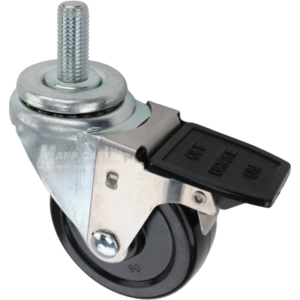 Swivel caster with face contact brake, a 3.5 inch black soft rubber wheel and 16mm wide threaded metal stem