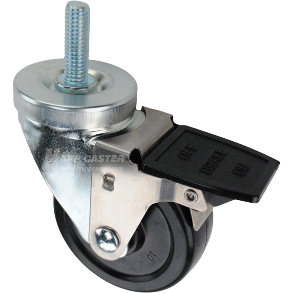 Caster wheel with face contact brake, a 3.5 inch black hard rubber wheel and a 1-1/2 inch long, 1/2 inch metal threaded stem