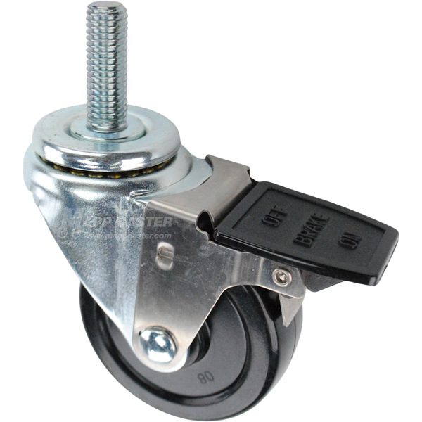 Swivel caster with face contact brake, a 3.5 inch black soft rubber wheel and 5/8 inch wide threaded metal stem
