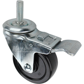 Swivel caster with a total lock brake, a 3.5 inch black soft rubber wheel and a 1-1/2 inch long, 1/2 inch wide threaded metal stem