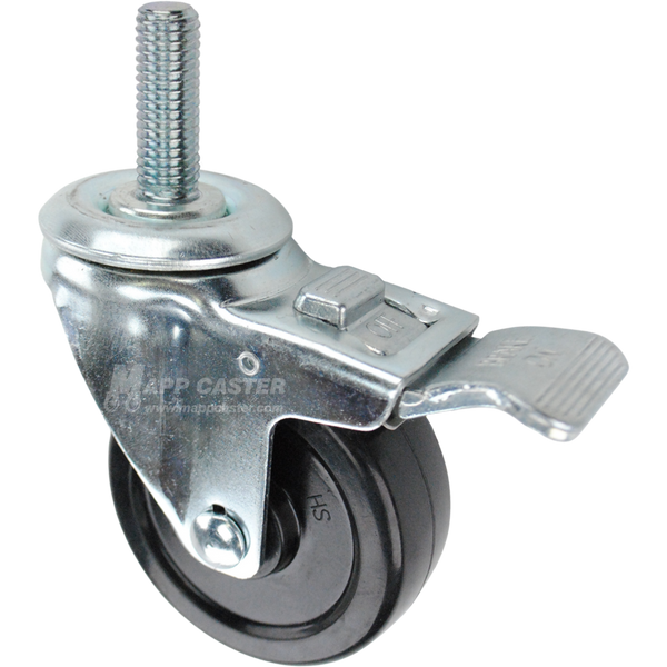 Swivel caster with a total lock brake, a 3.5 inch black soft rubber wheel and 5/8 inch wide threaded metal stem