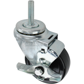Swivel caster with top lock brake, a 3.5 inch black soft rubber wheel and 12mm wide threaded metal stem