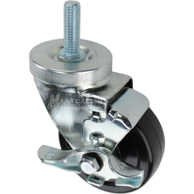 Swivel caster with top lock brake, a 3.5 inch black soft rubber wheel and a 1-1/2 inch long, 1/2 inch wide threaded metal stem