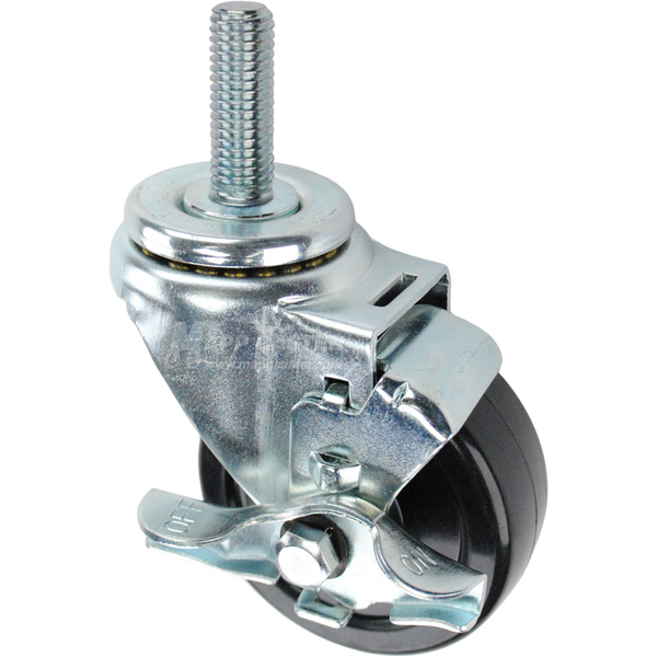 Swivel caster with top lock brake, a 3.5 inch black soft rubber wheel and 5/8 inch wide threaded metal stem