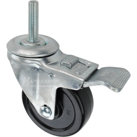 Swivel caster with a total lock brake, a 3.5 inch black soft rubber wheel and 12mm wide threaded metal stem