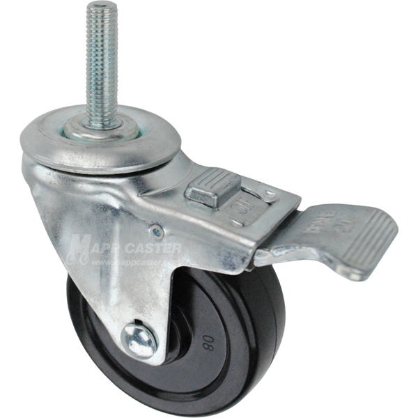 Swivel caster with a total lock brake, a 3.5 inch black soft rubber wheel and 12mm wide threaded metal stem
