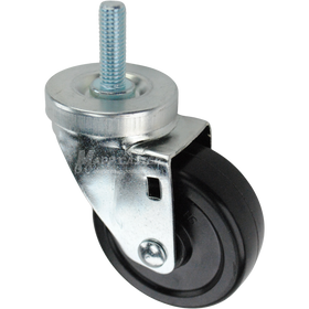 Swivel caster with a 3.5 inch black hard rubber wheel and a 1-1/2 inch long, 1/2 inch wide threaded metal stem