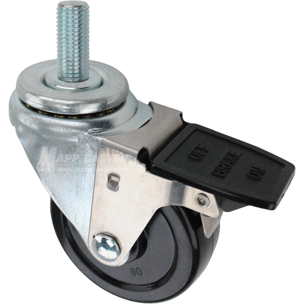 Swivel caster with face contact brake, a 3.5 inch black soft rubber wheel and 20mm wide threaded metal stem