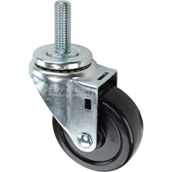 Swivel caster with a 3.5 inch black soft rubber wheel and 5/8 inch wide threaded metal stem