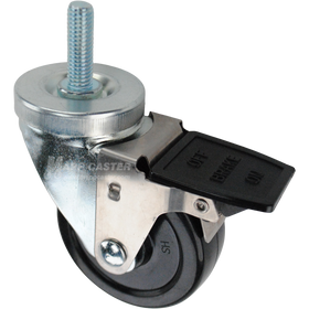 Swivel caster with face contact brake, a 3.5 inch black soft rubber wheel and a 1-1/2 inch long, 1/2 inch wide threaded metal stem