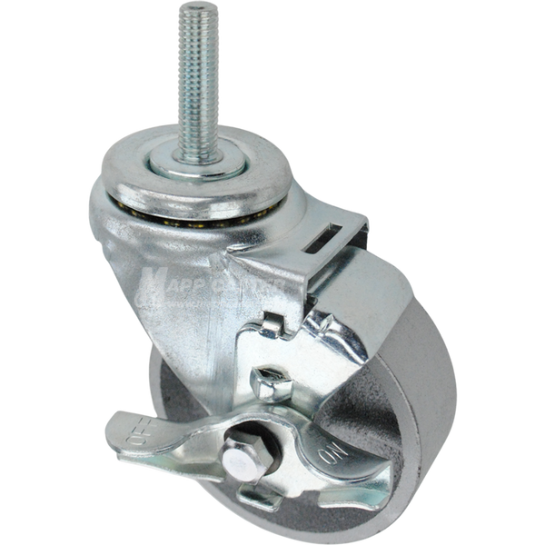 Swivel caster with a top lock brake, a 3.5 inch silver steel wheel and 12mm wide threaded metal stem
