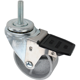 Caster wheel with a face contact brake, a 3.5 inch silver steel wheel and 12mm metal threaded stem