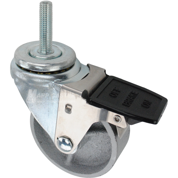 Caster wheel with a face contact brake, a 3.5 inch silver steel wheel and 12mm metal threaded stem