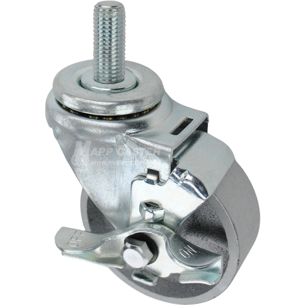 Swivel caster with a top lock brake, a 3.5 inch silver steel wheel and 16mm wide threaded metal stem