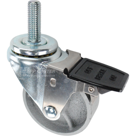 Caster wheel with a face contact brake, a 3.5 inch silver steel wheel and 5/8 inch metal threaded stem