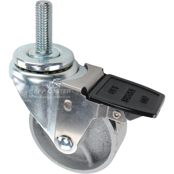 Caster wheel with a face contact brake, a 3.5 inch silver steel wheel and 5/8 inch metal threaded stem