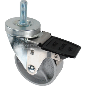 Caster wheel with a face contact brake, a 3.5 inch silver steel wheel and a 1-1/2 inch long, 1/2 inch metal threaded stem