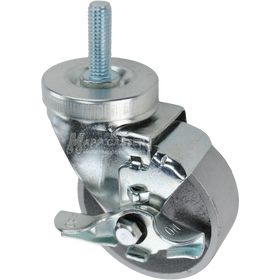 Swivel caster with a top lock brake, a 3.5 inch silver steel wheel and a 1-1/2 inch long, 1/2 inch wide threaded metal stem