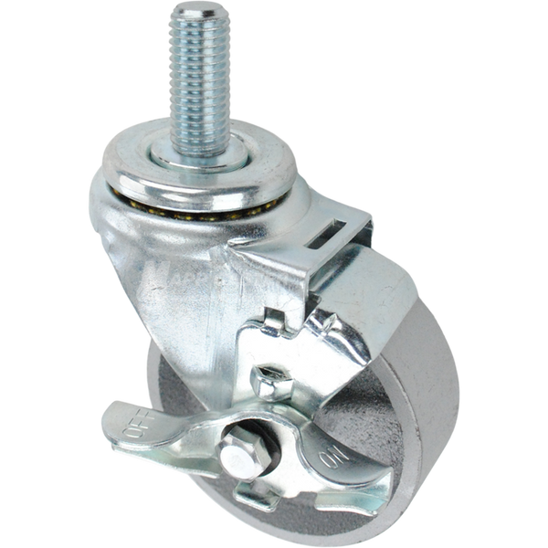 Swivel caster with a top lock brake, a 3.5 inch silver steel wheel and 3/4 inch wide threaded metal stem