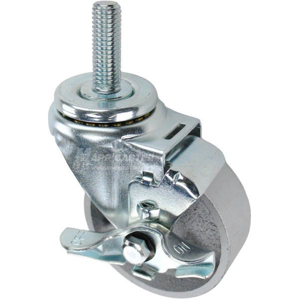 Swivel caster with a top lock brake, a 3.5 inch silver steel wheel and 5/8 inch wide threaded metal stem