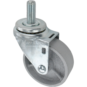 Swivel caster with a 3.5 inch silver steel wheel and 16mm wide threaded metal stem