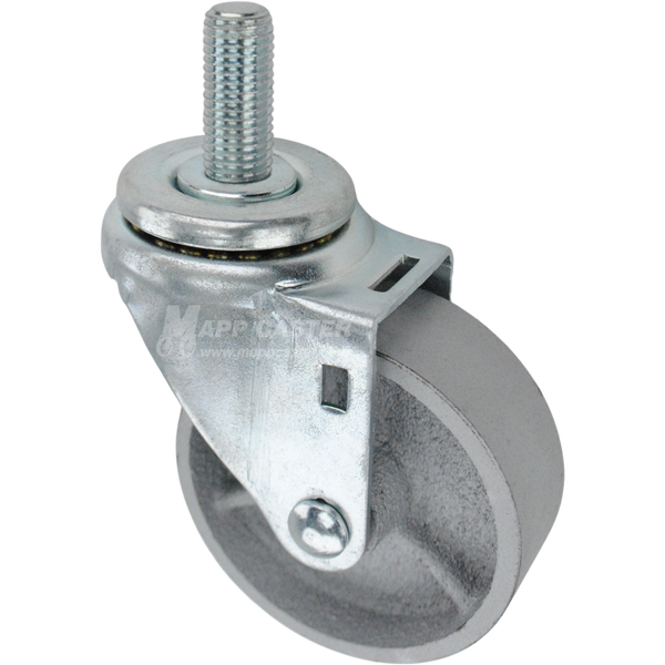 Swivel caster with a 3.5 inch silver steel wheel and 16mm wide threaded metal stem