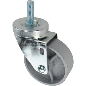 Swivel caster with a 3.5 inch silver steel wheel and a 1-1/2 inch long, 1/2 inch wide threaded metal stem