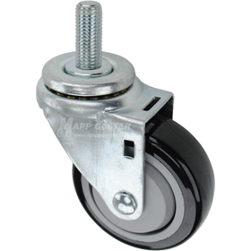 Swivel caster with a 3.5 inch black polyurethane wheel and 16mm wide threaded metal stem