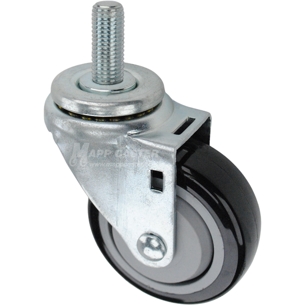 Swivel caster with a 3.5 inch black polyurethane wheel and 16mm wide threaded metal stem