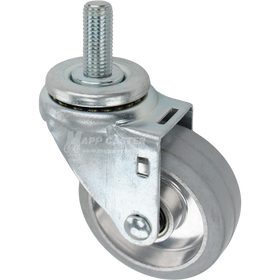 Swivel caster with a 3.5 inch grey rubber on aluminum wheel and 16mm wide threaded metal stem