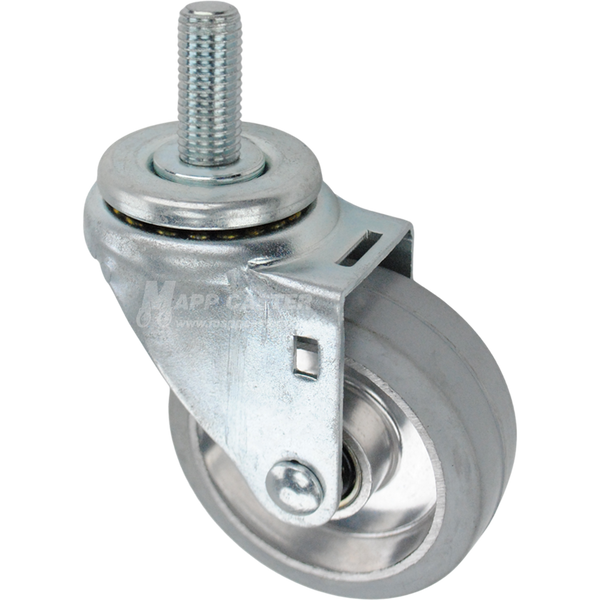 Swivel caster with a 3.5 inch grey rubber on aluminum wheel and 16mm wide threaded metal stem