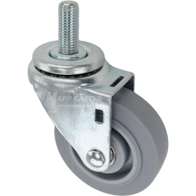 Swivel caster with a 3.5 inch grey thermoplastic rubber wheel and 16mm wide threaded metal stem